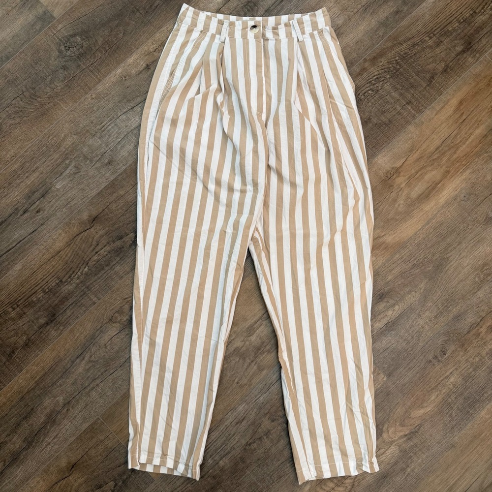 Urban Outfitters Tan White Striped High Waisted Pleated Cotton Pants Womens 6